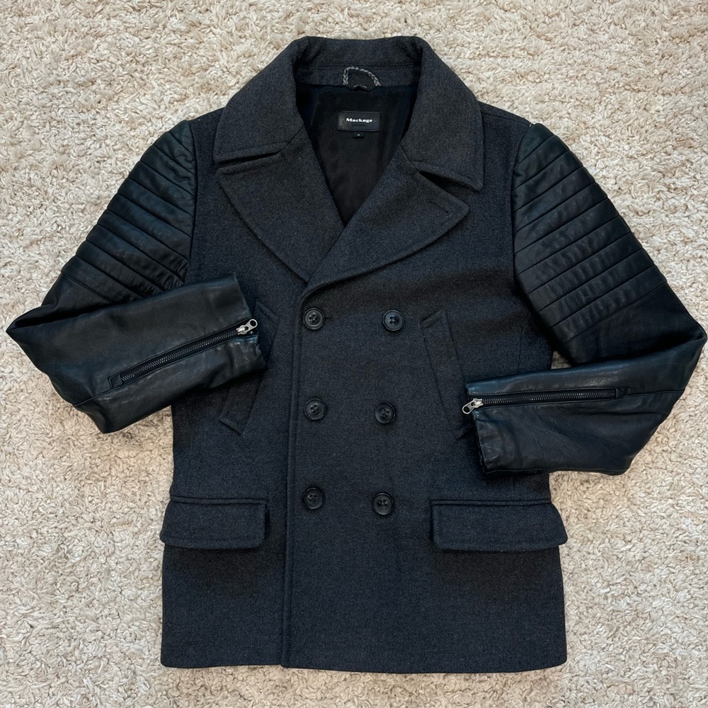 Mackage Men's Black Wool & Leather Sleeve Pea Coat